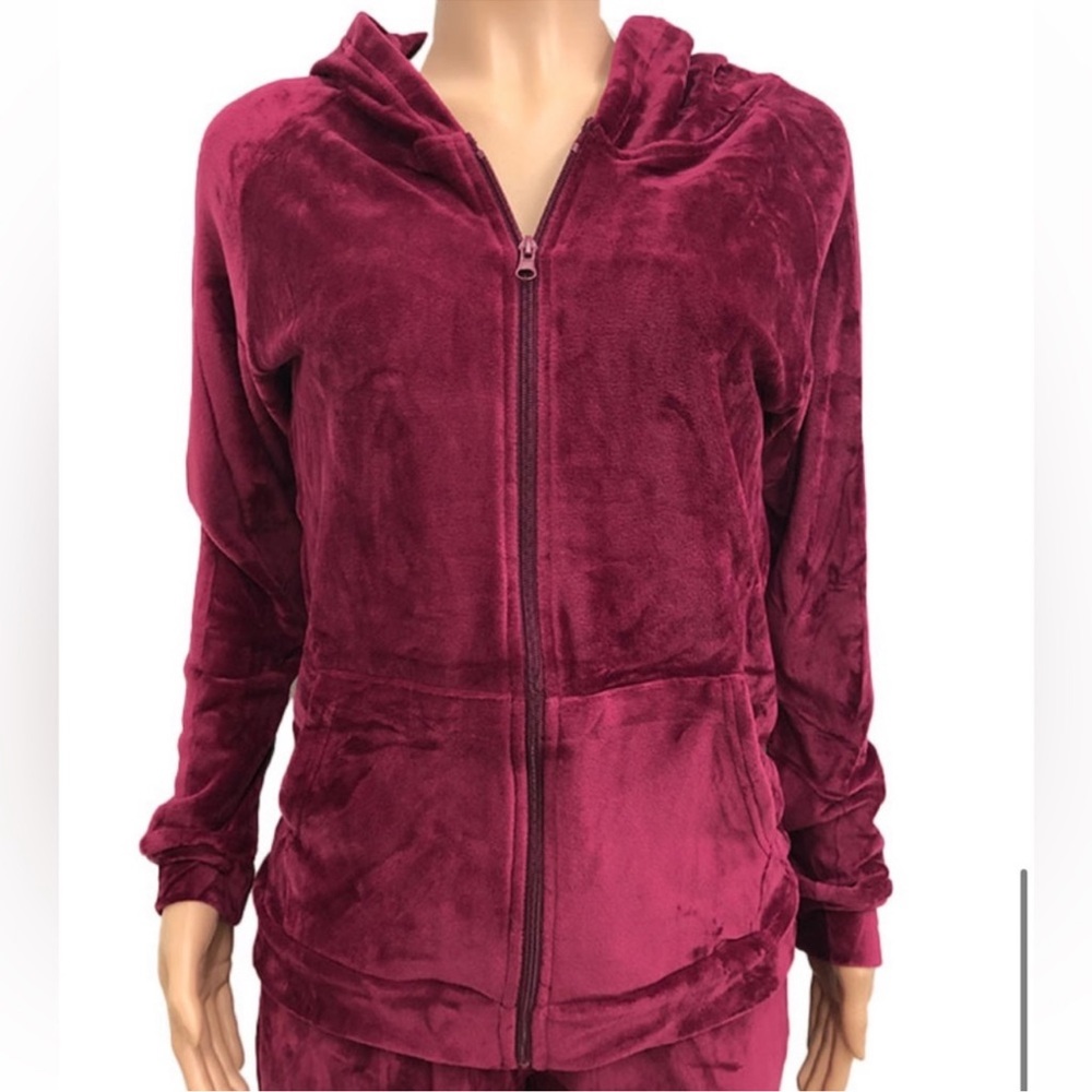 🆕Velvet Soft Burgundy Zip Sweatsuit Set HoodedJacket W/Pockets Size Large - Picture 7 of 9